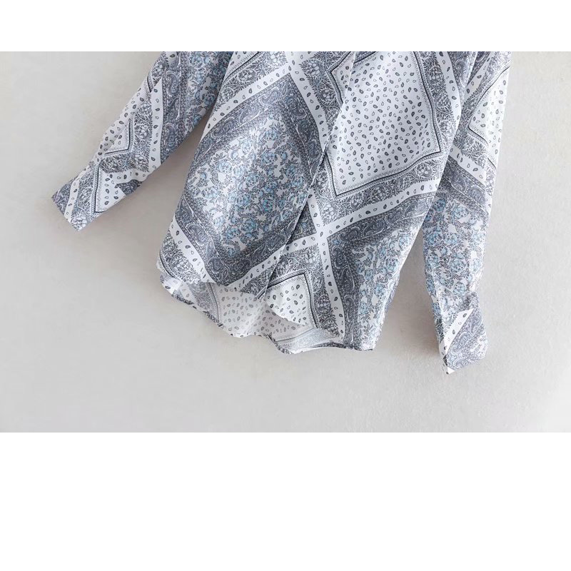 Elegant Lapel Long Sleeve Blouse Top: Chic Blue & White Porcelain Print For Women's Summer Fashion