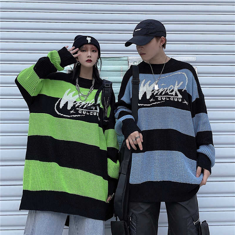 Women's sweater stripe letter casual tops harajuku pullover autumn drop vintage punk Hip hop streetwear Korean clothing 211011Z