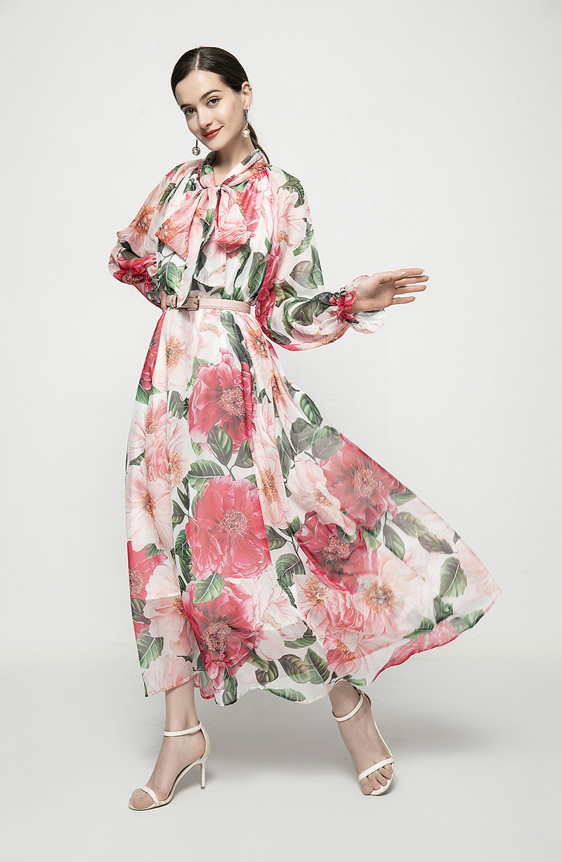 Women's Runway Dress Lace Up Bow Collar Floral Printed Fashion Casual Autumn Dresses Vestidos