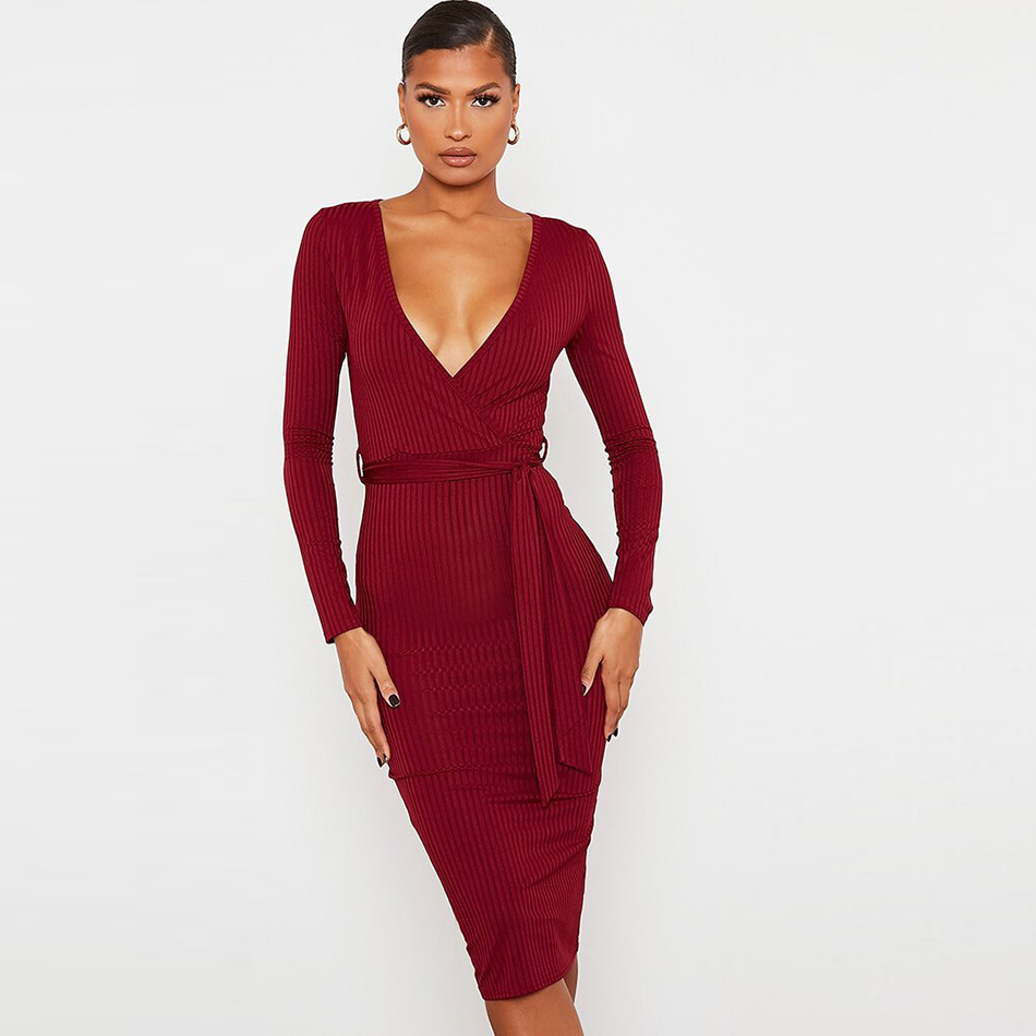 Free Women's Green Striped Dress Sexy V-neck Long Sleeve Bodycon Lace Up Club Party Knee-Length Vestidos 210524