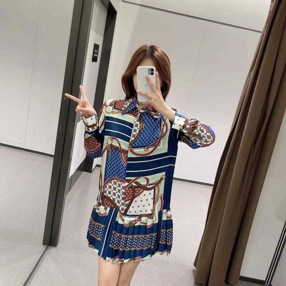 Women Printed Pleated Mini Dress Collared Long Sleeves Elegant Chic Casual Short Dresses Fashion Women Clothing 210709