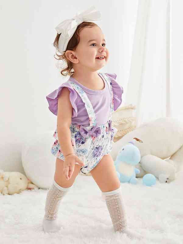 Baby Ruffle Trim Tee & Floral Print Bow Front Suspender Shorts SHE