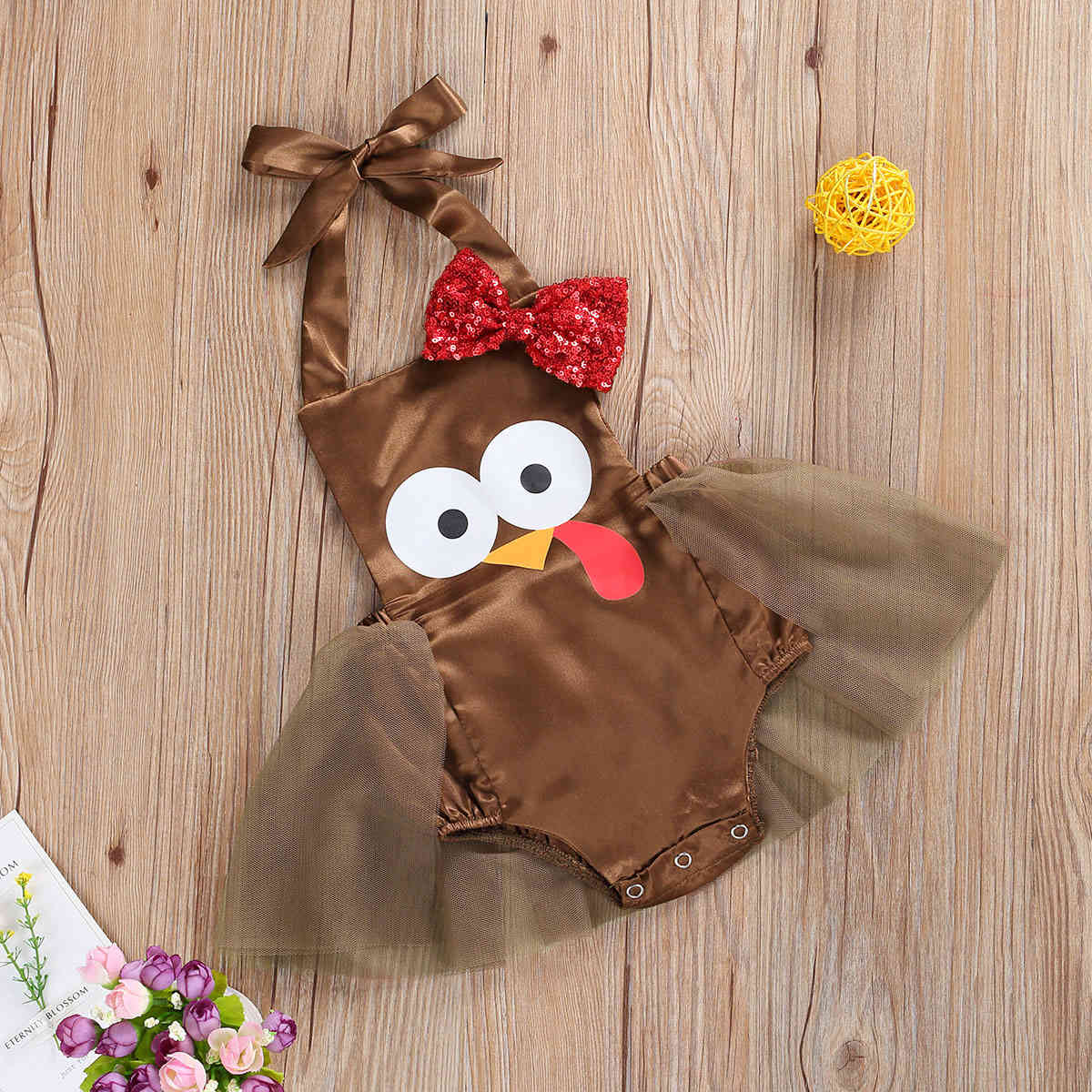 0-18M Thanksgiving Day Baby Girl Clothes born Infant Girls Sequins Tulle Romper Cartoon Turkey Party Jumpsuit 210515
