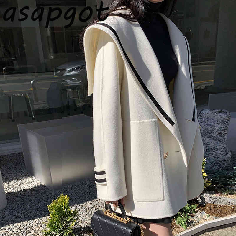 Quilted Coats & Jackets Wool Blends Contrast Sailor Collar Woolen Coat Women Double Breasted Loose Big Pockets Full 210429