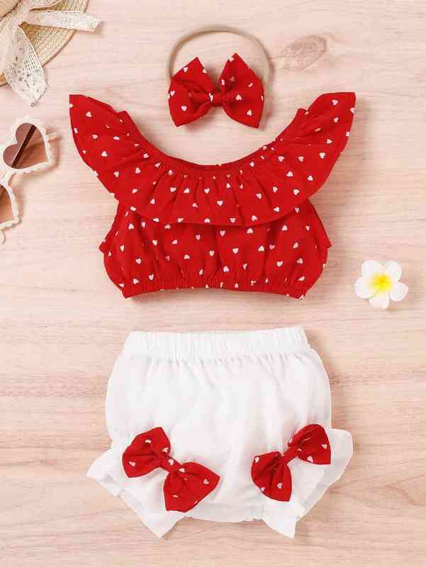 Baby Confetti Heart Print Top & Bow Front Shorts With Headband SHE