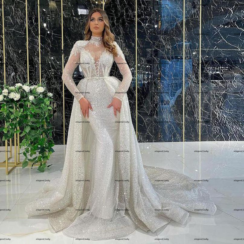 Sparking Long Sleeves Mermaid Wedding Dresses with Detachable Train 2022 Lace Sequined High Neck Backless Bridal Gown Vestido