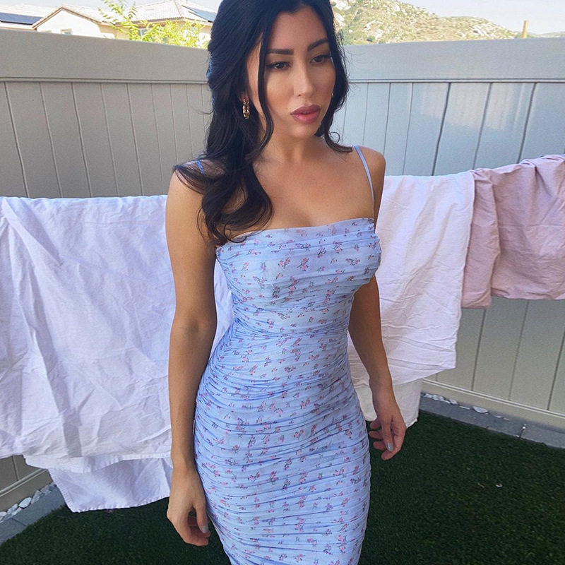 Drapped Tulle Pencil Bodycon Dress Women Strap Sleeveless Shealth Club Party Midi Blue Sexy Floral Boho Summer 210427
