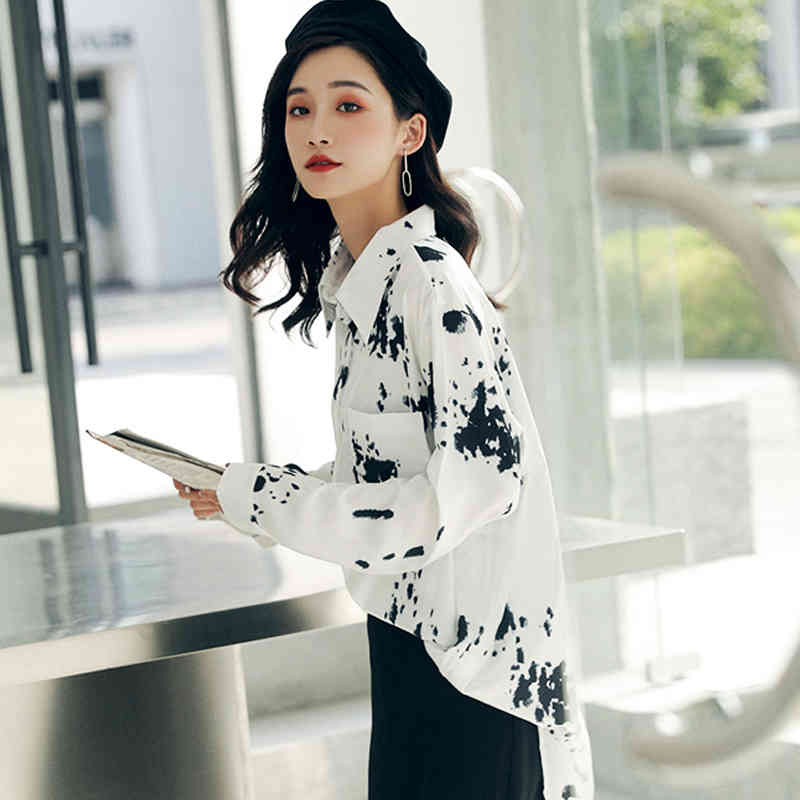 All-match Korean Fashion Single Breasted Women Tops Autumn Cow Spot Printed Blouse Loose Long Sleeve Shirt 11448 210427