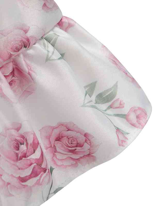 Baby Floral Print Butterfly Sleeve Ruffle Hem Satin Gown Dress SHE