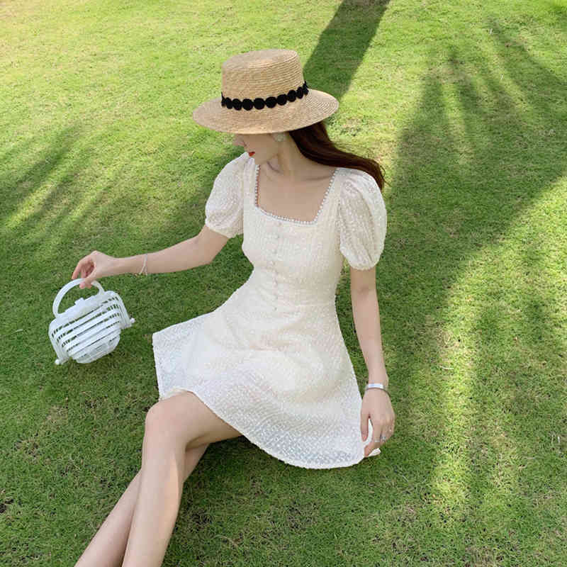 Summer Korean Dress Women Casual Short Sleeve Solid Mini Apricot High Waist Above Knee Plus Size es for 9239 50 210508