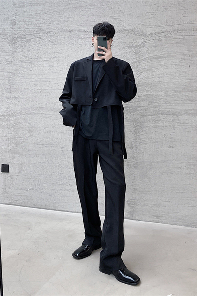 IEFB /men's wear split bandage hem multi-style lace-up suit coat two different wearing single breasted black blazers male Y3933 210524