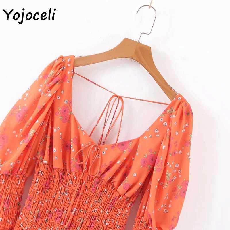 Yojoceli floral print smocked dres bodycon slim puff sleeve party streetwear day female vestidos 210609