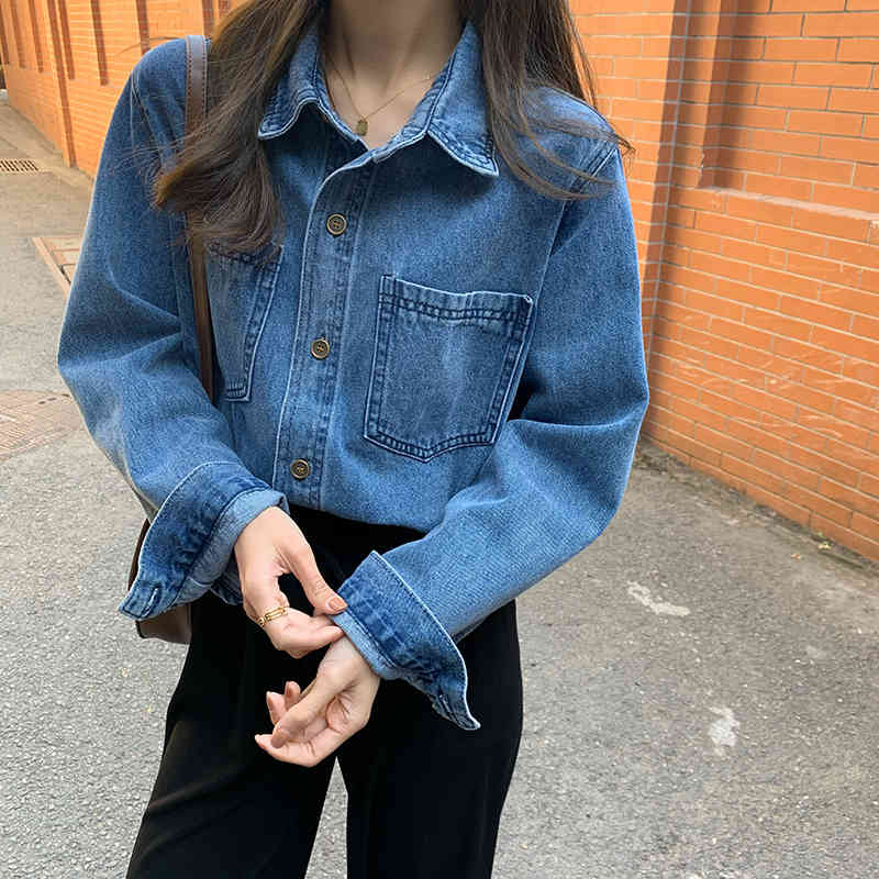 SML Vintage Denim Shirt Women Korean Long Sleeve Single Breasted Basic Jeans Blouse Pocket Femme (78627 210423
