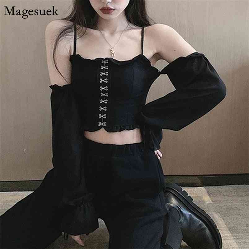 Gothic Style Long Sleeve Shirt Tops Female Sexy Backless Women Blouse Spring Slash Neck Solid Blouses Ladies Clothes 13316 210512