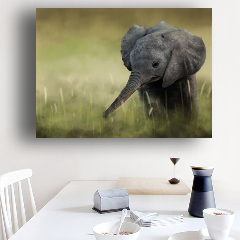 Wall Art Decoration Elephant Cubs Animal Painting Green Landscape Picture Printed on Canvas for Living Room Poster Cudros Decor