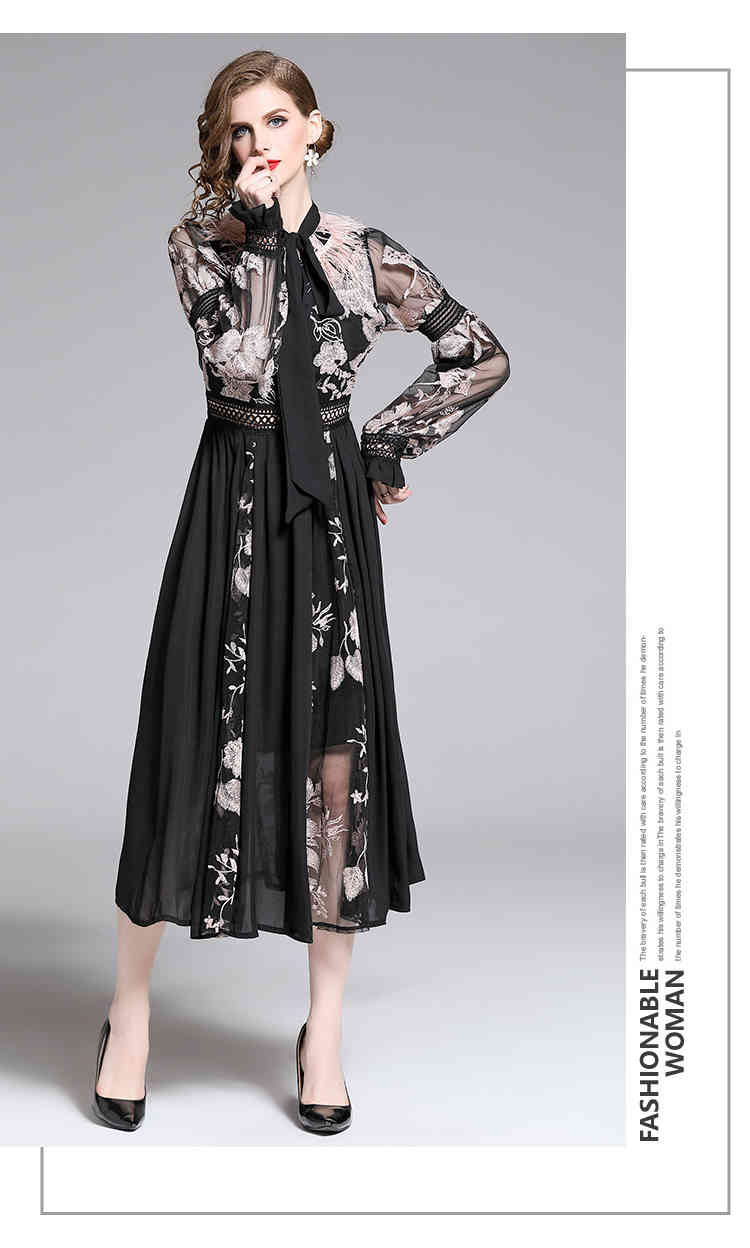 High Quality Bow Flower Embroidery Women Waist Slim Dress Vestidos Vintage Spring Elegant Fashion Robe 210519