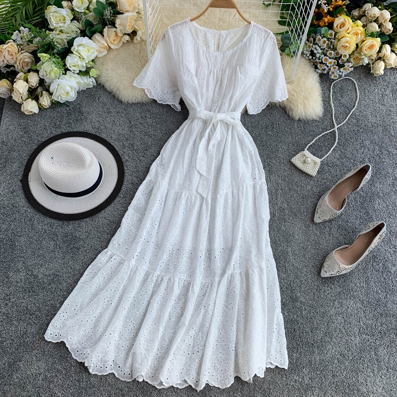 er fairy sweet hollow embroidery o-neck short sleeve waist lace -up dress, Black;gray
er fairy sweet hollow embroidery o-neck short sleeve waist lace -up dress, Black;gray
