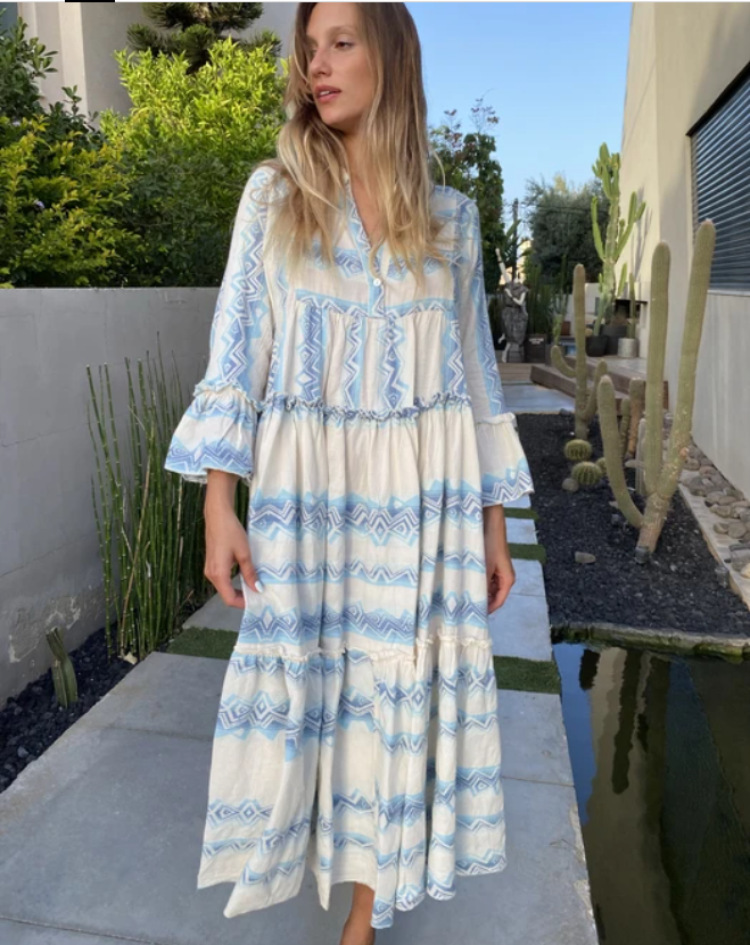 Women Dress V Neck Flare Sleeve Printed Bohemia es Long Print Floral Maxi Loose Beach Summer es 210513