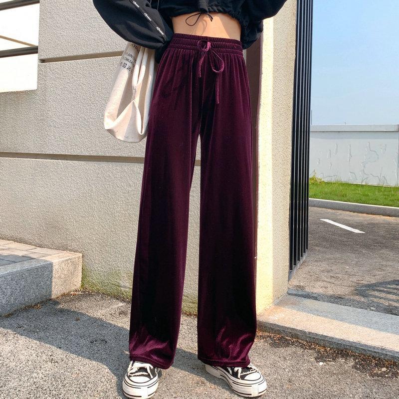 Women's Pants & Capris Streetwear Velvet Trousers Harajuku High-waisted Wide-leg Women 2021 Autumn And Winter Warmth Belt Loose Casual