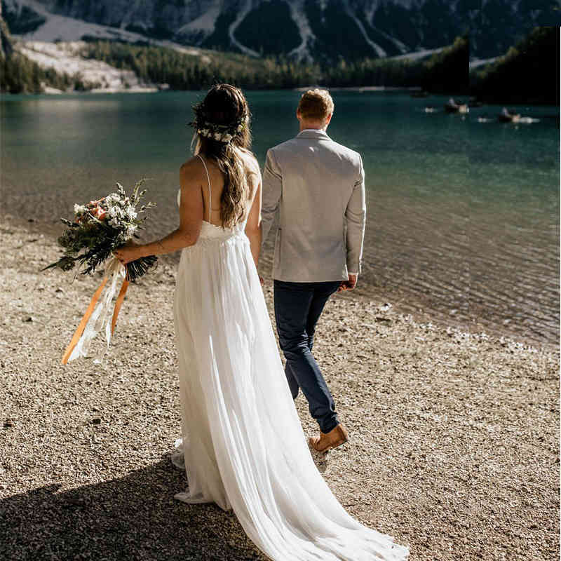 LORIE Beach Wedding Dresses Spaghetti Straps Robe de soiree Vintage Lace Top Elegant Women Boho Chiffon Long Bridal Dress