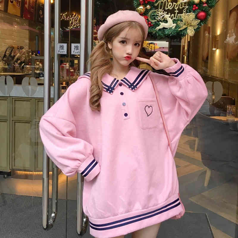 Japanese Harajuku Women School Uniform Sailor Collar White Blue Pink Oversized Pullover Embroidery Fleece Autumn Warm Outerwear 210524, Navy blue
Japanese Harajuku Women School Uniform Sailor Collar White Blue Pink Oversized Pullover Embroidery Fleece Autumn Warm Outerwear 210524, Navy blue