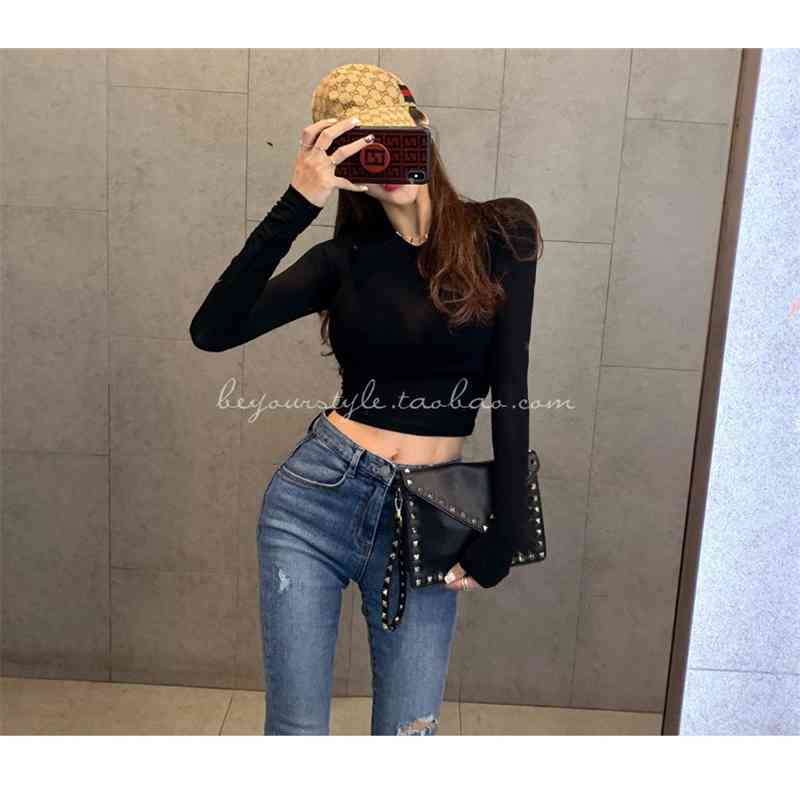 Spring Lady Black Solid red sexy Slim Fit Tee Women Highstreet Casual Long Sleeve short Tshirt Tops female girls tshirt GWQ1 210603
