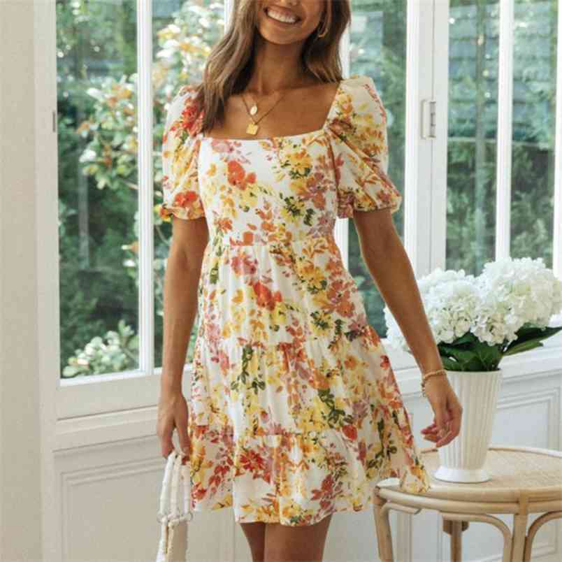Summer Dress Women Flower Print Square Neck Puff Short Sleeve Chiffon es Femme High Waist Ruffle Beach 210522