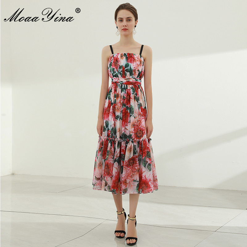 Women's Summer Sexy Spaghetti Strap Dress High waist Floral print Vacation Bohemian Ladies Chiffon Midi 210524