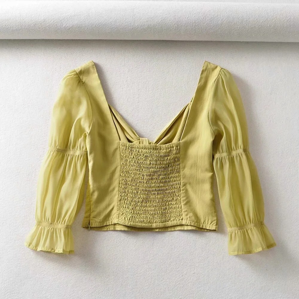 Autumn Vintage Center Tie Bow Bandage Sheep Leg Sleeve Shirt French Fashion Back Elastic Ruched blouse women Tops 210429