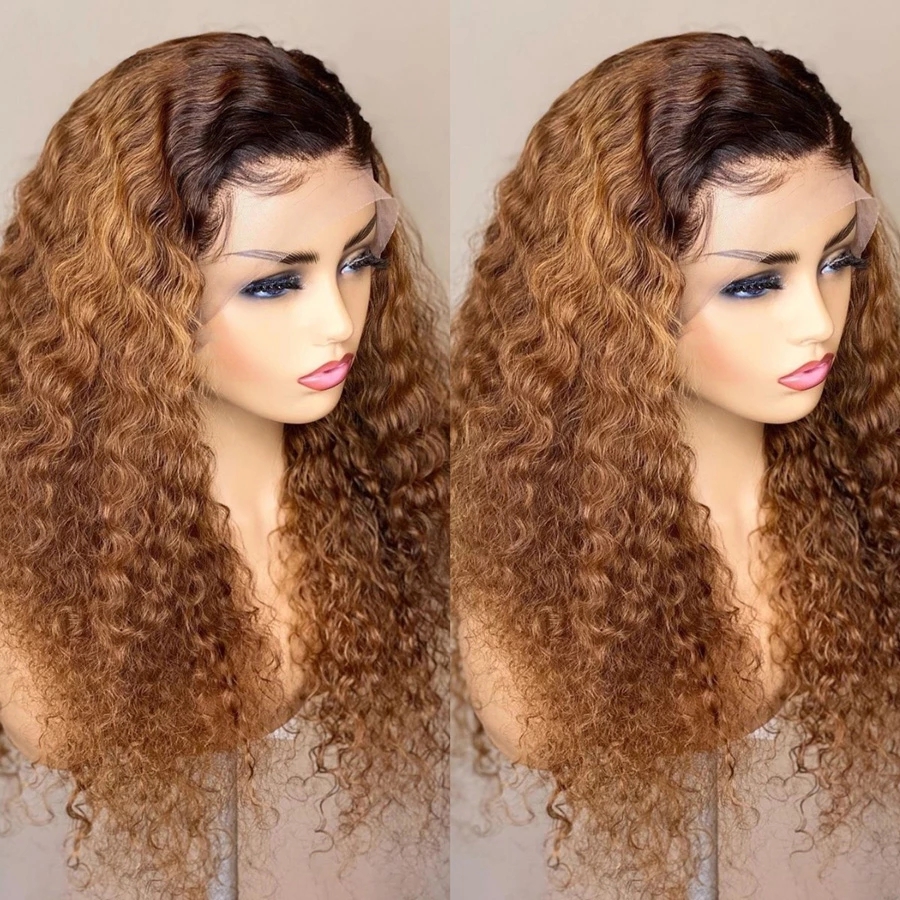 Synthetic Lace Closure Wig Afro Kinky curly Long Ombre light brown Hair Natural Style 18Inch For Women