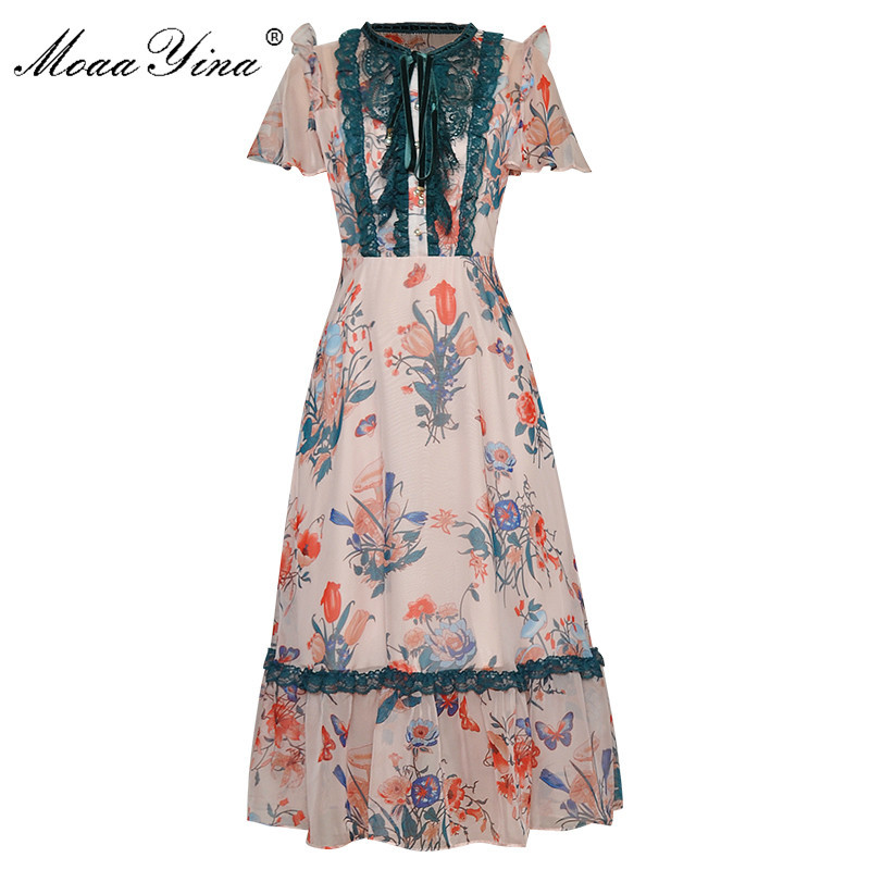 Fashion Runway dress Summer Women's Dress Butterfly Sleeve Lace Floral Print Chiffon Dresses 210524