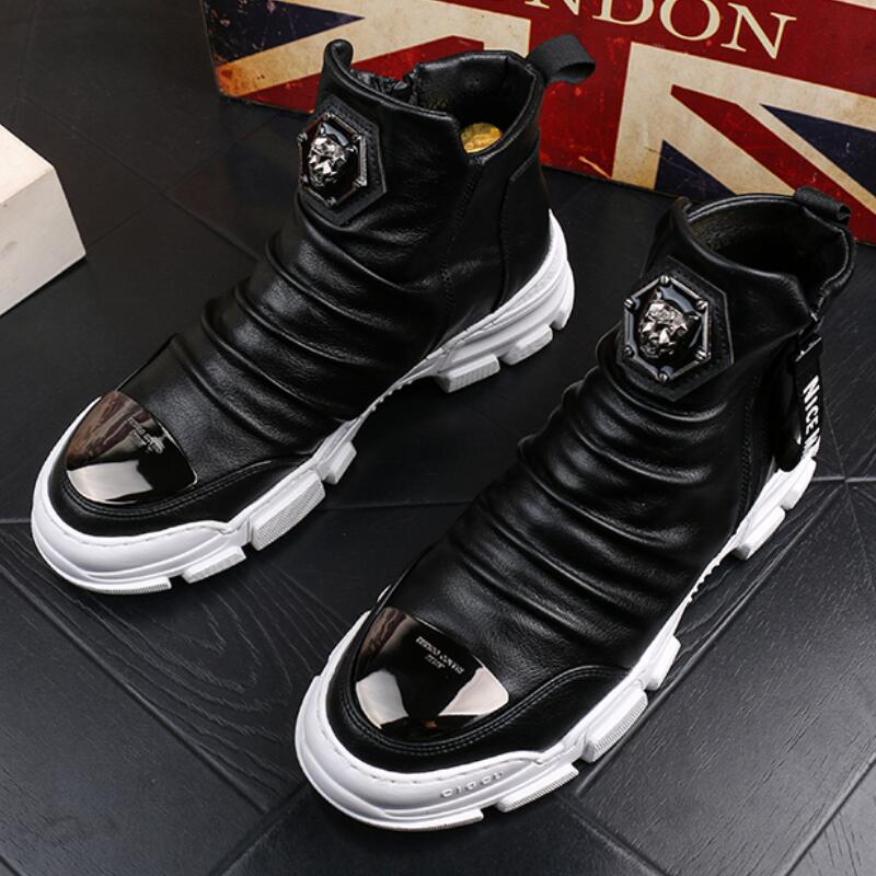 New Men Fashion Casual Ankle Spring Autumn Flock Leather Metal Decoration Riding High Top Hip Hop Shoes b94