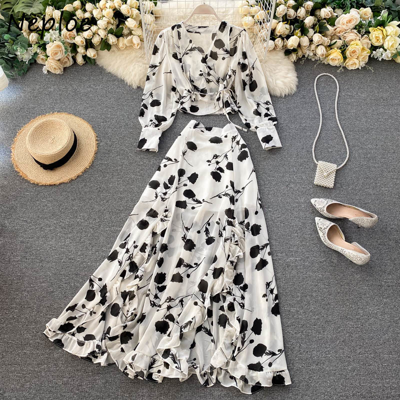 Autumn 2 Piece Set V-neck Drawstring Chiffon Blouse + High Waist Fungus Patchwork Flower Print Split Skirt Suit Women 210430