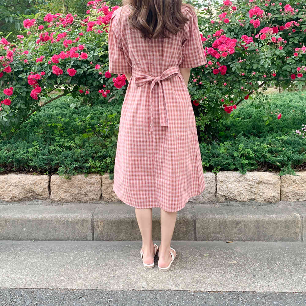 square collar Summer Women Cotton Linen Casual half Sleeve Dresses Female Dress plaid pink Boho Robe Femme Vestido 210417Z