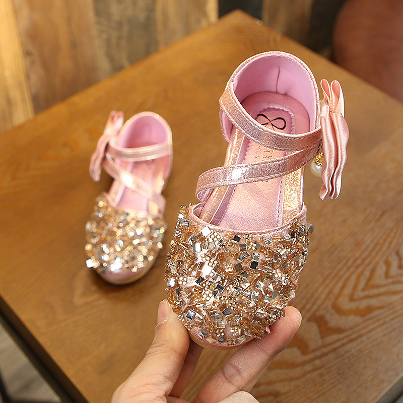 Melario New Children Leather Shoes Casual Girls Princess Flat Heel Party Shoes Fashion Sequins Bow Pearl Kids Shoes for Girls 210412