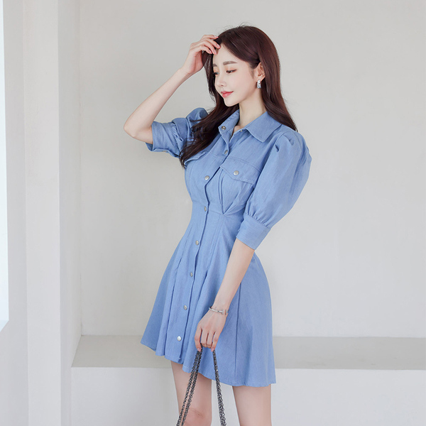 Korea Summer Fashion Denim Shirt Dress Women Elegant Lapel Puff Sleeve Casual Slim Mini Female 210519