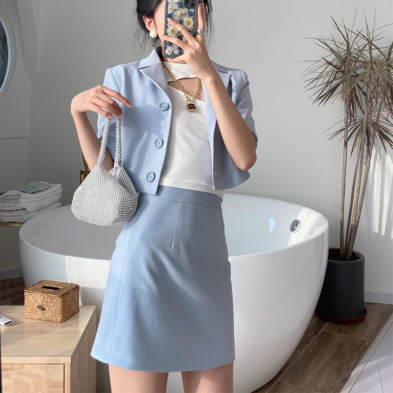 Women suits summer Short sleeve blazer with skirts two pieces Office Lady Formal Work clothes women slim female set 210510