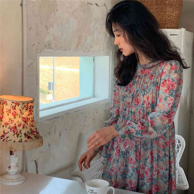 Spring Fashion O-Neck Puff Long Sleeve Floral Chiffon Dress Vintage Women Temperament Casual Elegant Robe 210519