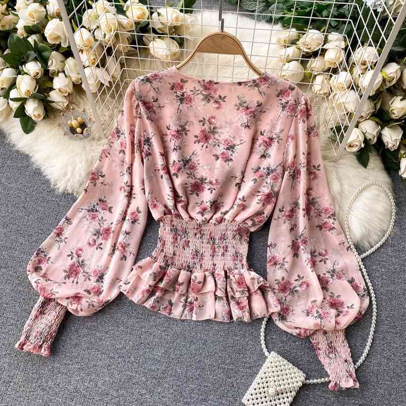 Summer Chiffon Tops Fashion Floral Print Blouse Women Lantern Sleeve Shirt Ruffle Waist Slim Blusa Camisas Mujer 210519