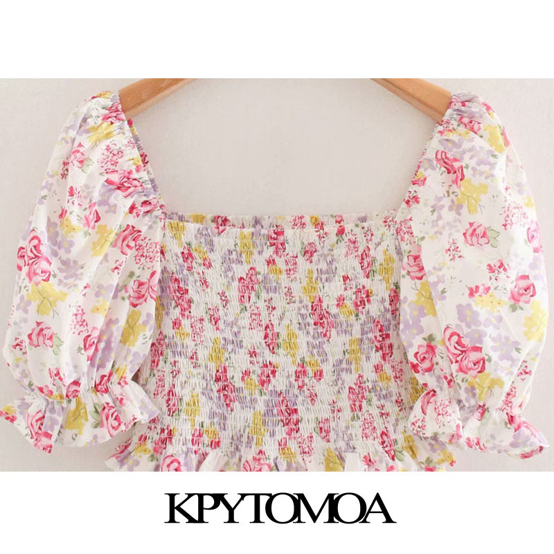 Women Chic Fashion Floral Print Smocked Midi Dress Puff Sleeves Side Zipper Slit Female Dresses Vestidos 210420