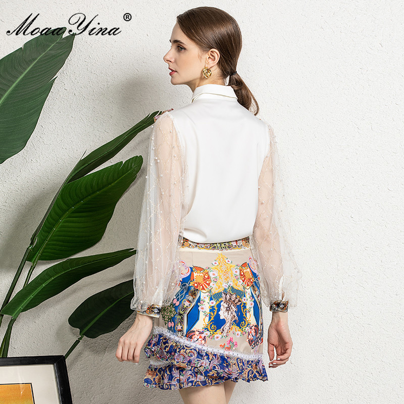 Fashion Runway Summer print Skirts Suit Women White Long sleeve Shirt and High waist Vintage Mini 2 Pieces 210524