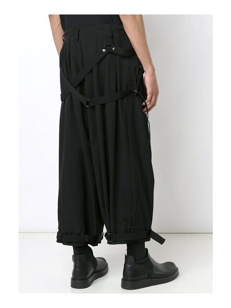 Men's Black Yamamoto Wind YOHJI Strapped Nine-Point Trousers - Adjustable, Loose Fit, Casual Autumn Winter