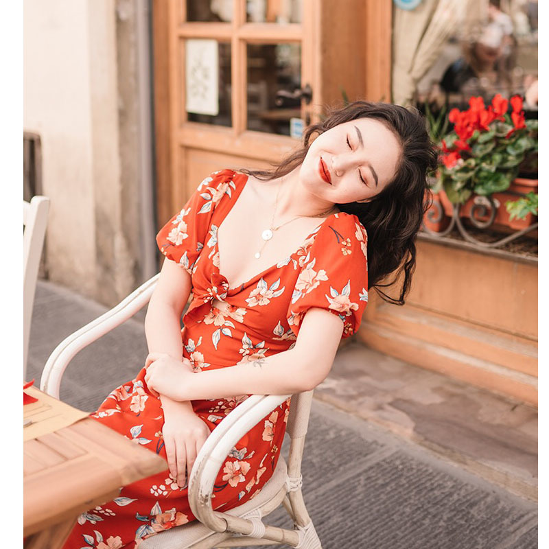 Fashion Boho Dress Floral Print Sexy Cross Strap Backless Open Back Bow Tie Casual Bohemian Knee Length Vestido 210421