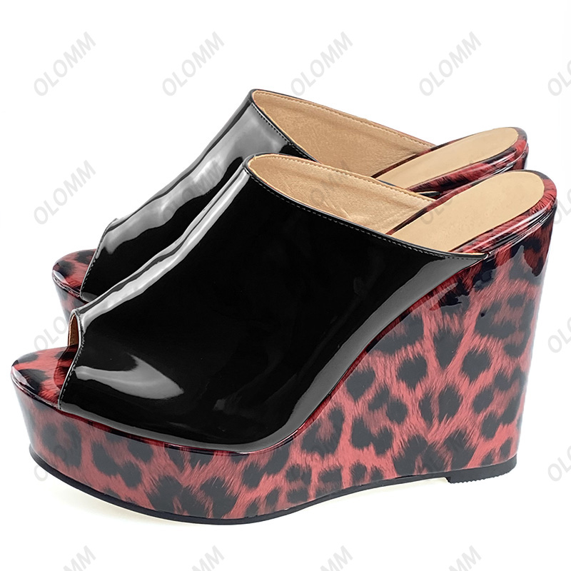 Rontic Women Platform Mules Sandals Slippers Red Leopard Wedges Heels Open Toe Gorgeous Party Shoes Women US Plus Size 5-20
