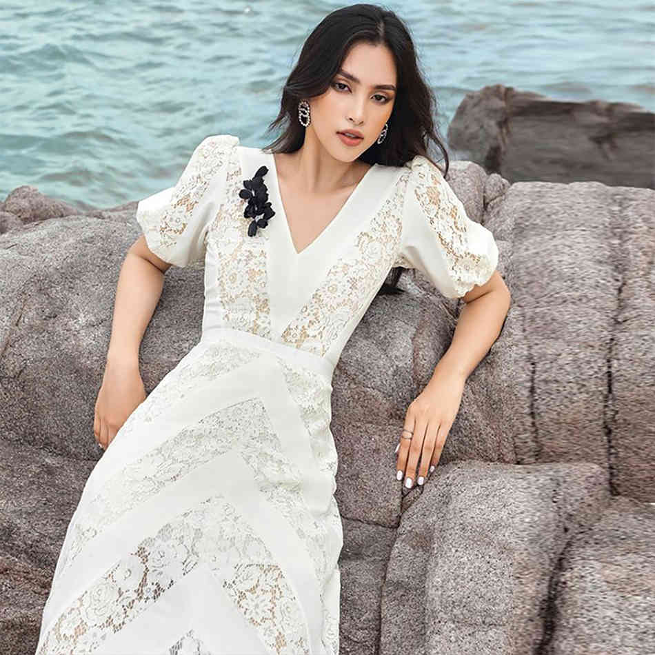 Summer Elegant White Lace Short Sleeve Club Dress For Women Sexy V Neck Midi Evening Runway Party Fashion Dresses 210423