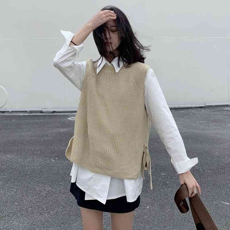 Spring Autumn Women Sweater Waistcoat harajuku Womens Elegant fashion lace up Pullover Knitting Tops Outerwear Vest 210702