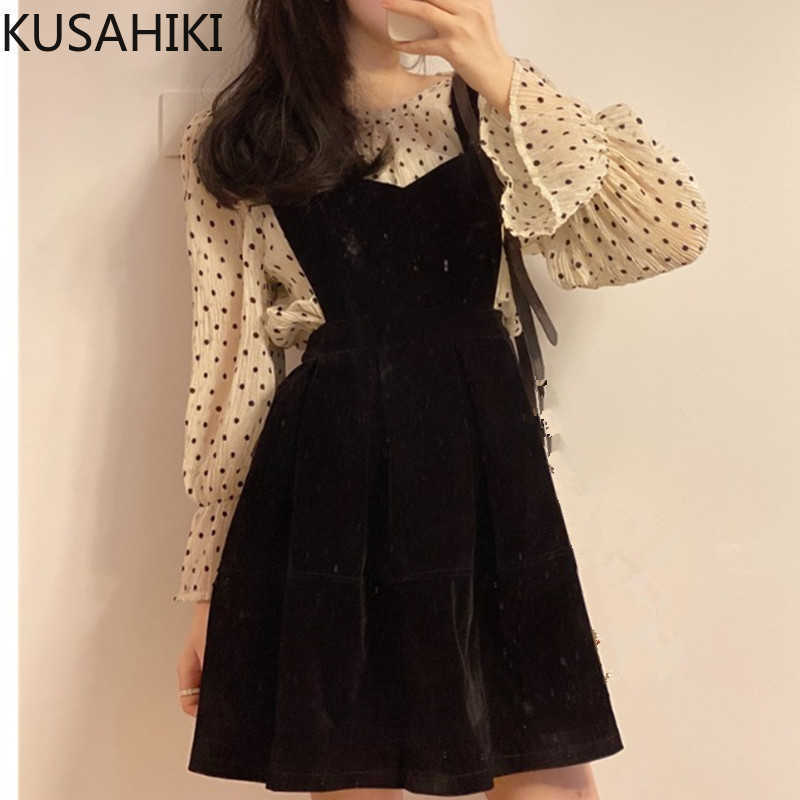 Spring Women 2Pieces Sets Dot Flare Sleeve Blouse Shirt + Slim Wiast A-line Velour Sling Dress Korean Suits 6E792 210603