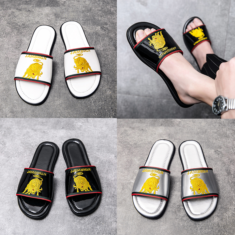 Luxury Genuine Leather slipper Men Brand designer embroidery Rubber Slides Beach Flat Sandals Fashion Shiny Black white silver outdoor indoor Flip Flops
Luxury Genuine Leather slipper Men Brand designer embroidery Rubber Slides Beach Flat Sandals Fashion Shiny Black white silver outdoor indoor Flip Flops
