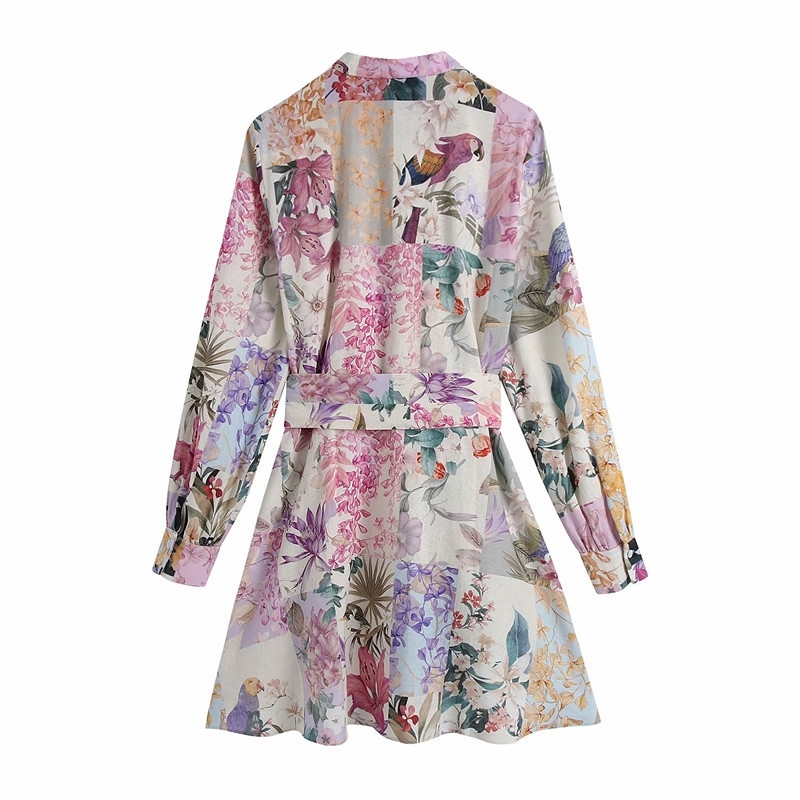Spring Autumn Single-Breasted Flower Print Lace-Up Dress Female Long-Sleeve Comfortable Shirt Casual 210514