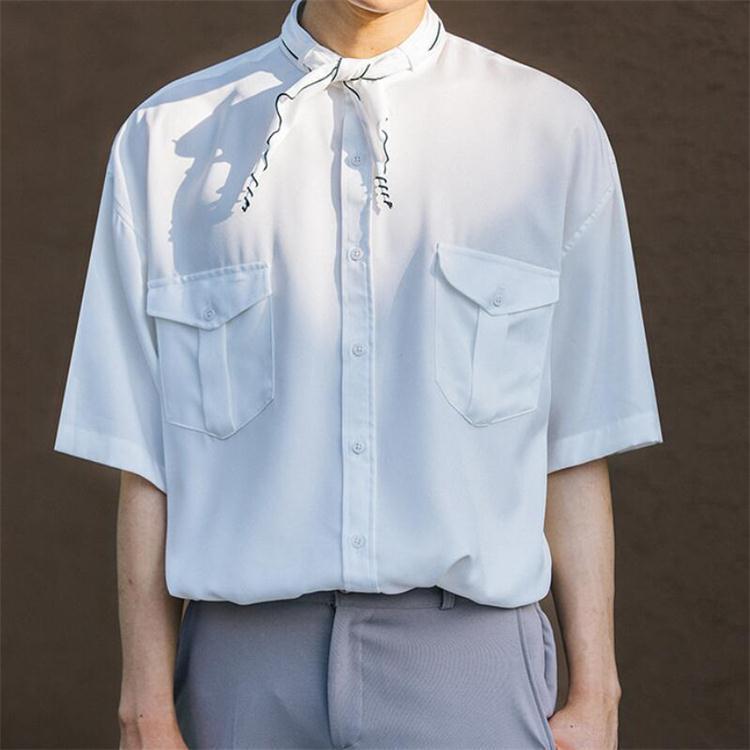M-4XL 2021 Men's Clothing Hair Stylist GD Fashion Original Summer British Silk Scarf Collar Loose Shirt Plus Size Costumes Casual Shirts